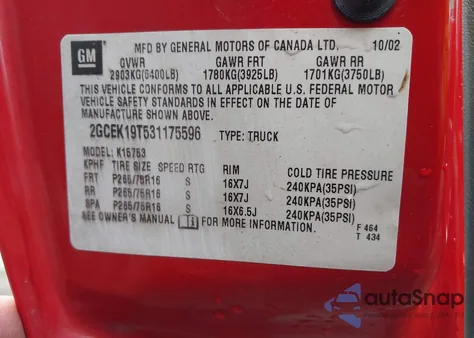 2003 Chevrolet Silverado 1500 Ls from USA, damaged, VIN 2GCEK19T531175596